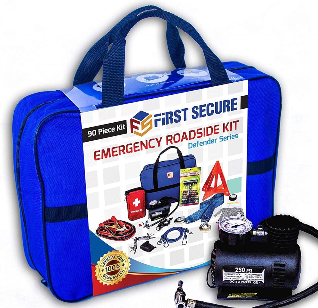 Car Emergency Kit with Air Compressor, Jumper Cables, First Aid, Tow Strap, Tire Gauge, Headlamp